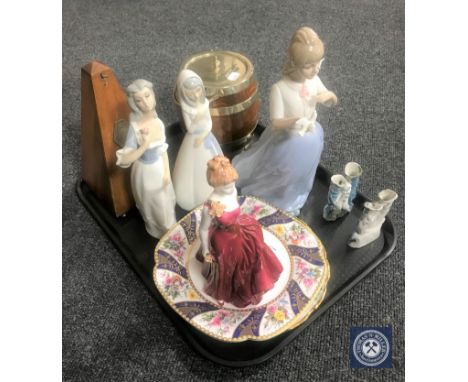 A tray of French Paquet metronome, Spanish figures, oak biscuit barrel, Coalport Ladies of Fashion figure 'Felicity' etc