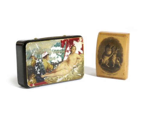 A FRENCH LACQUERED PAPIER-MACHE SNUFF BOX MID-19TH CENTURY the mother of pearl cover painted with a scene titled 'Philippe II