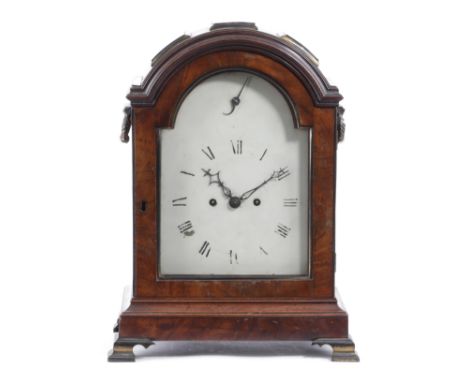 A GEORGE III MAHOGANY BRACKET CLOCK c.1770-80 the brass twin fusee eight day movement striking on a bell, the backplate engra