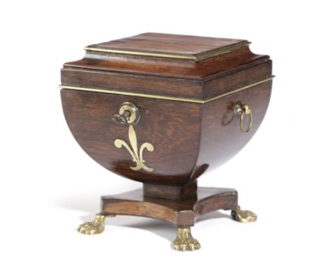 A REGENCY ROSEWOOD AND BRASS INLAID TEA CADDY EARLY 19TH CENTURY of square section, the hinged cover enclosing a single canis