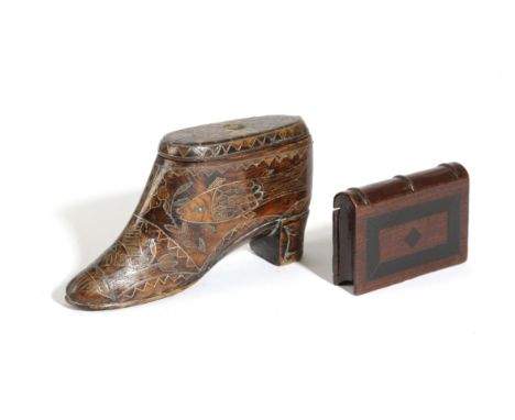 A TREEN SHOE THIMBLE HOLDER LATE 19TH CENTURY inlaid with various metals, with two thimbles; together with a novelty snuff bo