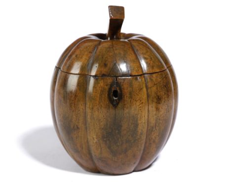 A RARE TREEN FRUITWOOD TEA CADDY IN THE FORM OF A PUMPKIN OR SQUASH C.1800 with remnants of green staining, with a square sta