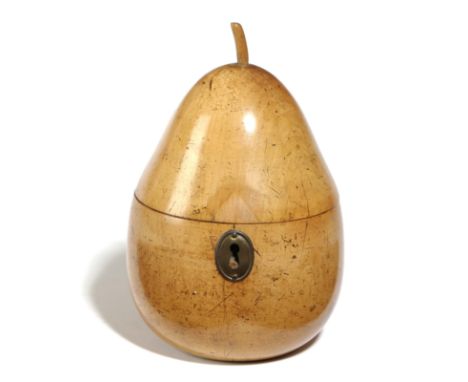 A TREEN FRUITWOOD TEA CADDY IN THE FORM OF A PEAR LATE 18TH / EARLY 19TH CENTURY with a stalk finial above an oval escutcheon