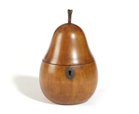 A TREEN FRUITWOOD TEA CADDY IN THE FORM OF A PEAR PROBABLY GERMAN, EARLY 19TH CENTURY with a stalk finial and navette shaped 
