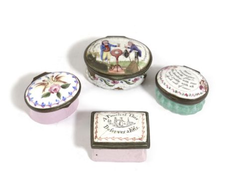 FOUR STAFFORDSHIRE ENAMEL BOXES 18TH CENTURY AND LATER three with inscriptions to the lids, one reads ' A Pinch of this Deser