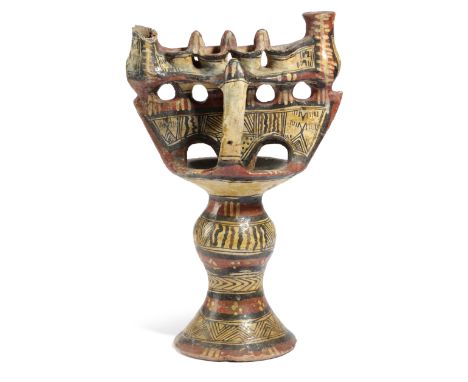 A BERBER KABYLES TERRACOTTA MESBAH OIL LAMP ALGERIA, 19TH CENTURY the four wicks between a pair of urns above a drip-pan, wit
