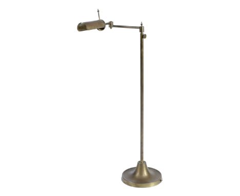 A BRASS ADJUSTABLE FLOOR LAMP MODERN with a rotating shade on a folding arm and telescopic stem, with a circular foot 94cm hi