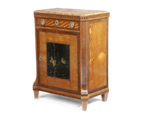 A DUTCH SATINWOOD AND ROSEWOOD SIDE CABINET 19TH CENTURY with parquetry banding, with an inset marble top, above a frieze dra