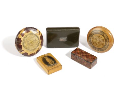 FIVE VICTORIAN SCOTTISH MAUCHLINE WARE SNUFF BOXES 19TH  / EARLY 20TH CENTURY one with lattice decoration, the lid with a sil