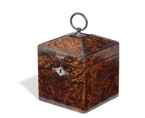 A FRENCH 'MULBERRY' TEA CADDY C.1800 the stained burr maple body of square section, with a pyramidal cover and a brass loop h