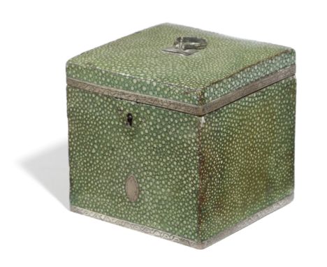 A SHAGREEN TEA CADDY 19TH CENTURY of cube form, with white metal mounts, the hinged cover enclosing a foil lined interior 10c