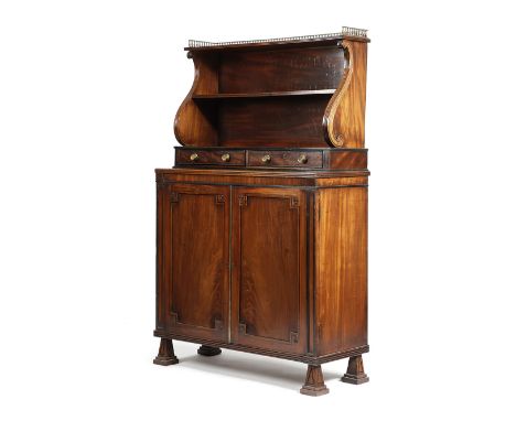 A REGENCY MAHOGANY CHIFFONIER EARLY 19TH CENTURY with ebonised mouldings and banding, with a three quarter brass baluster gal