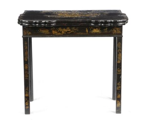 A GEORGE II JAPANNED SERPENTINE CARD TABLE C.1730-40 AND LATER gilt decorated with chinoiserie scenes, with pagodas, trees, b