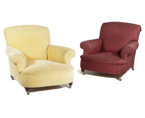 A PAIR OF WALNUT EASY ARMCHAIRS IN HOWARD STYLE, 20TH CENTURY with scroll arms on turned front legs and ceramic castors (2)