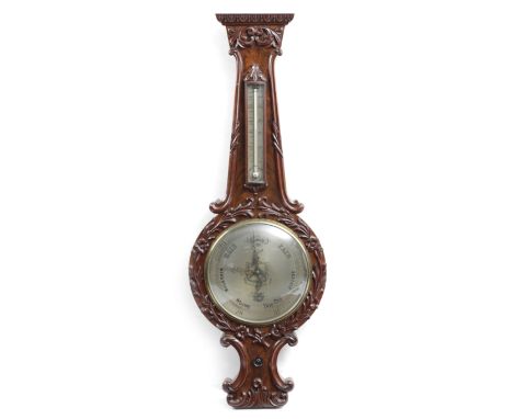 A VICTORIAN MAHOGANY WHEEL BAROMETER BY W. JOHNSON,  LONDON. C.1840 with a thermometer above the circular silvered dial, engr