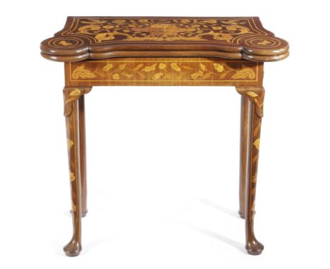 A DUTCH MAHOGANY AND MARQUETRY CONCERTINA CARD TABLE 18TH CENTURY the fold-over top inlaid with an urn of flowers, birds and 