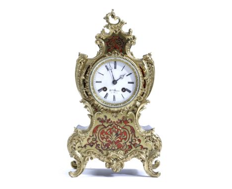 A FRENCH BOULLE MARQUETRY MANTEL CLOCK IN LOUIS XV STYLE, BY HENRY MARC, MID-19TH CENTURY the brass, eight day movement, with