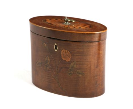 A GEORGE III HAREWOOD AND MARQUETRY OVAL TEA CADDY LATE 18TH CENTURY inlaid with a floral spray and a patera, the lidded inte