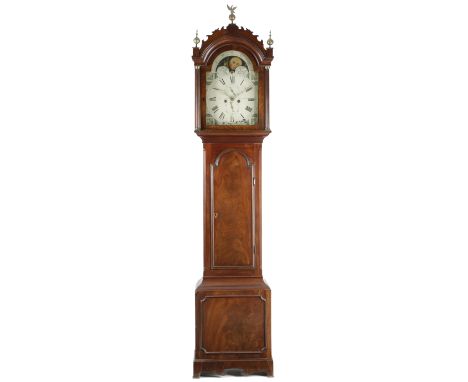 A MAHOGANY LONGCASE CLOCK BY F. GUGERI, BLANDFORD, EARLY 19TH CENTURY the brass eight day movement with four turned pillars, 