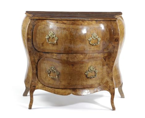 A CONTINENTAL BURR ASH AND WALNUT BOMBE COMMODE ITALIAN OR SOUTH GERMAN, LATE 18TH CENTURY fitted with two crossbanded pine l