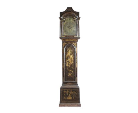 A GEORGE III JAPANNED LONGCASE CLOCK BY GEORGE JEFFERYS, CHATHAM the brass eight day movement with four turned pillars and an