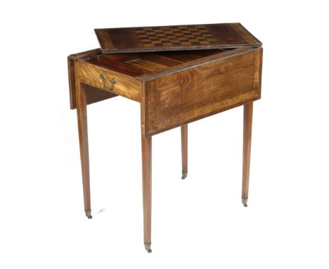 A GEORGE III MAHOGANY PEMBROKE GAMES TABLE LATE 18TH CENTURY inlaid with stringing and burr yew banding, reversible top inlai