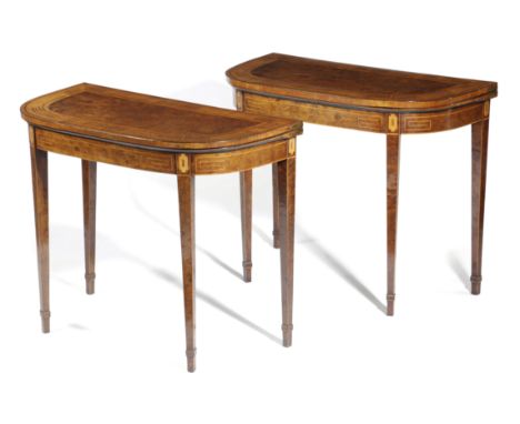 A RARE PAIR OF LATE GEORGE III BURR YEW CARD TABLES C.1800 inlaid with ebonised and boxwood stringing with stylised Greek key