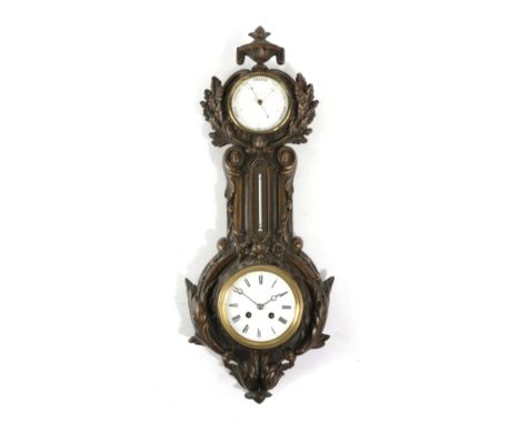 A VICTORIAN CAST IRON BAROMETER CLOCK BY J.J. WAINWRIGHT, BIRMINGHAM, LATE 19TH CENTURY with enamelled dials, the clock with 