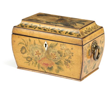 A REGENCY PAINTED SYCAMORE TEA CADDY EARLY 19TH CENTURY of sarcophagus form, painted with sprays of flowers with an oak leaf 