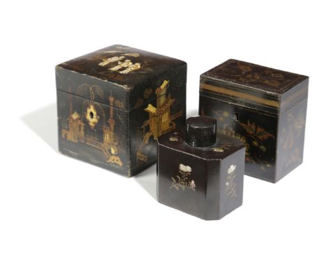 A TOLE TEA CADDY POSSIBLY PONTYPOOL, EARLY 19TH CENTURY of rectangular form, with painted floral decoration and twin division