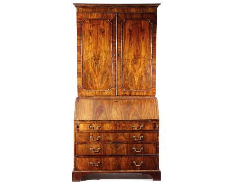 A RARE GEORGE III GONCALO ALVES BUREAU CABINET IN THE MANNER OF GILLOWS, C.1770-1780 the detachable dentil cornice above a pa