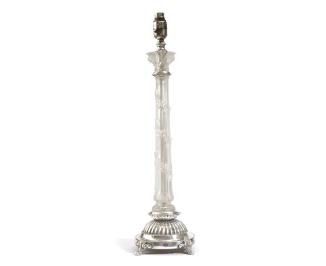 A SILVER PLATED AND FROSTED GLASS TABLE LAMP 20TH CENTURY cast as a composite column with ivy twisting around the fluted body