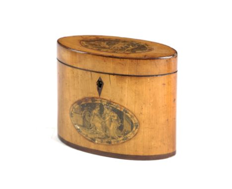A GEORGE III FRUITWOOD OVAL TEA CADDY LATE 18TH CENTURY the lid and front applied with printed oval classical scenes of figur
