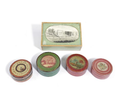 A SPA BOX BELGIAN, EARLY 19TH CENTURY painted green, the hinged lid decorated en grisaille with a view of Waux Hall, titled, 