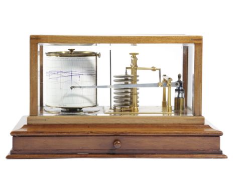 A MAHOGANY CASED BAROGRAPH INSCRIBED 'H.M.H. 15TH OCT 1924' the brass movement with silvered bellows and two ink droppers, on