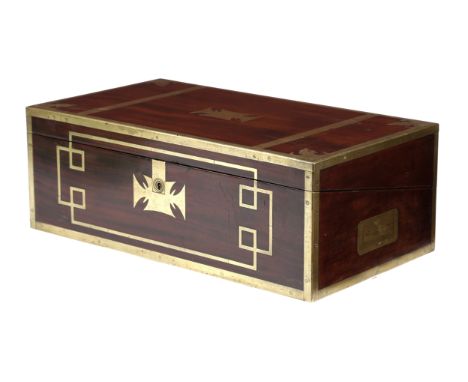A GEORGE IV MAHOGANY AND BRASS BOUND CAMPAIGN STYLE WRITING SLOPE C.1820-30 with Greek key style decoration and sunken brass 