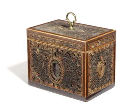 A GEORGE III QUILLWORK OR SCROLLED PAPER TEA CADDY LATE 18TH CENTURY of rectangular form, the rolled paper decoration around 