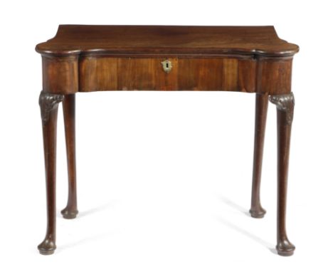 A GEORGE II MAHOGANY GAMES TABLE C.1740 AND LATER ADAPTED the fold-over top revealing inlaid chequer and backgammon boards, w