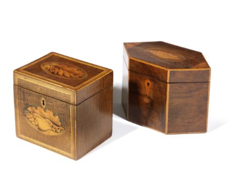 A GEORGE III WALNUT AND INLAID HEXAGONAL TEA CADDY C.1800 inlaid with a shell and fan motifs to the hinged lid, with a later 