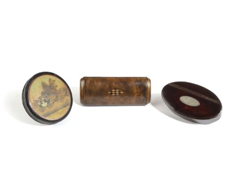A GEORGE III LACQUERED WOOD SNUFF BOX DATED '1791' of navette shape, the hinged lid with a silver plaque inscribed 'R. Jeffer