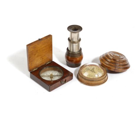 A MAHOGANY POCKET COMPASS BY NEGRETTI &amp; ZAMBRA, 19TH CENTURY with a printed dial, together with a George IV treen beehive