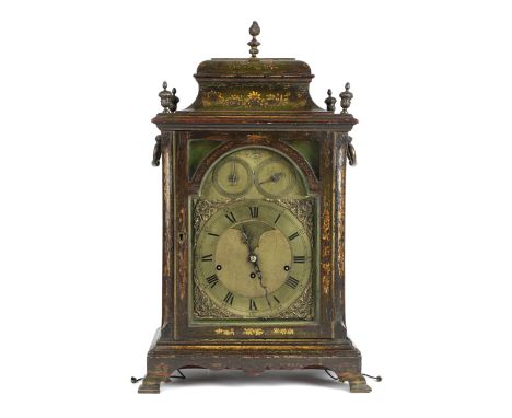 A GEORGE III GREEN LACQUERED MUSICAL BRACKET CLOCK BY ROBERT WARD, LONDON, C.1760 the brass twin fusee movement with a verge 