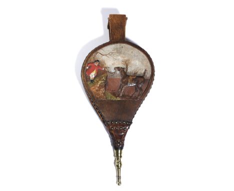A SET OF OAK, LEATHER  AND BRASS BELLOWS EARLY 20TH CENTURY carved with a Jorrocks style humorous hunting scene 61cm long