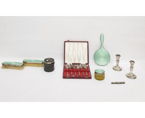 Silver and green enamel backed dressing table set comprising hand mirror, pair of clothes brushes and pin jar, Birmingham 193