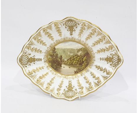 Derby (Sampson Hancock) fluted oval topographical dish, 19th century, puce crowned and H S Hancock marks, painted with a view