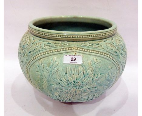 Burmantofts Faience pale celadon ground jardiniere, circa 1900, impressed 'BF' mark, shape number 1789, moulded in high relie