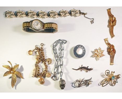 Silver-coloured metal and enamelled bracelet, lady's 9ct gold Rotary watch and other costume jewellery 