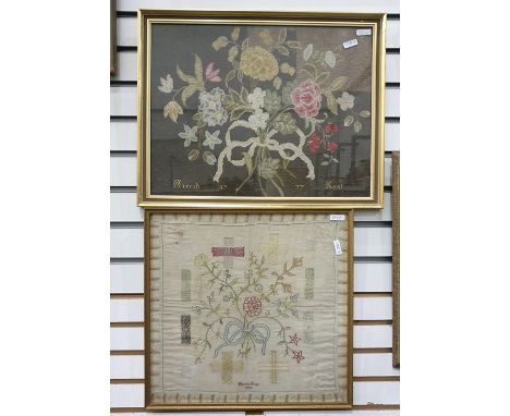 Needle point tapestry&nbsp;named for Hannah Kent, dated 1777, decorated with a ribbon tied bouquet of flowers, reserved on a 