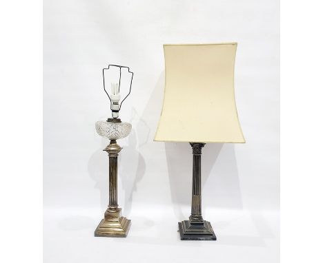 Two silver plated lamp bases formed as a Corinthium column and an ionic column, on stepped bases, wired for electricity, 44cm