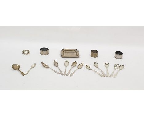 Square silver ashtray, four napkin rings, caddy spoon, five grapefruit spoons, five salt spoons and a teaspoon, 14oz approx